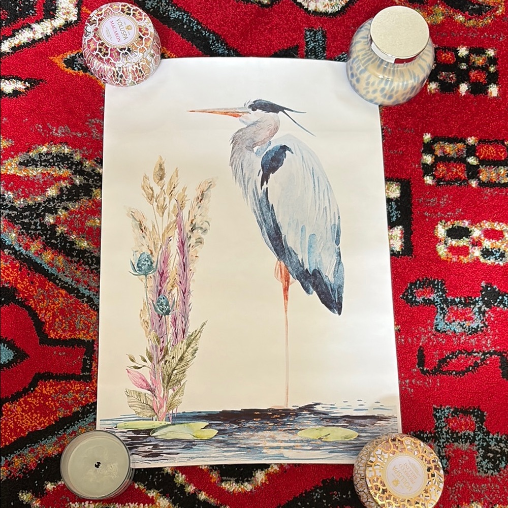 Heron Art Canvas Print with Floral Design